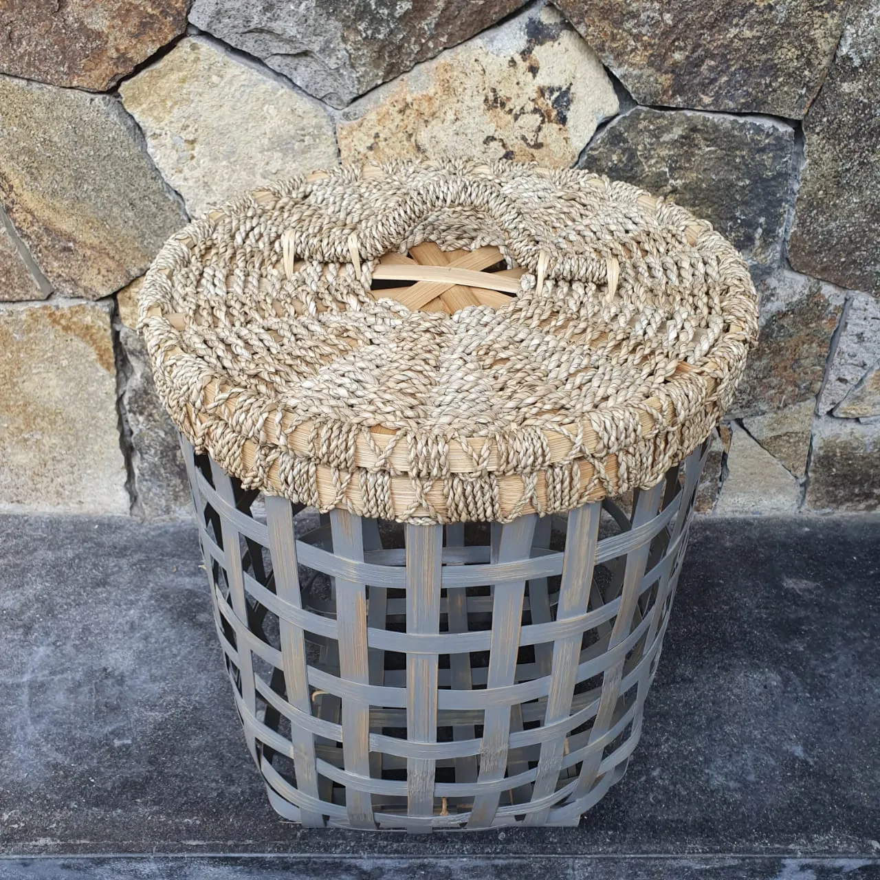 Grey & White Bamboo Laundry Style Baskets With Lid