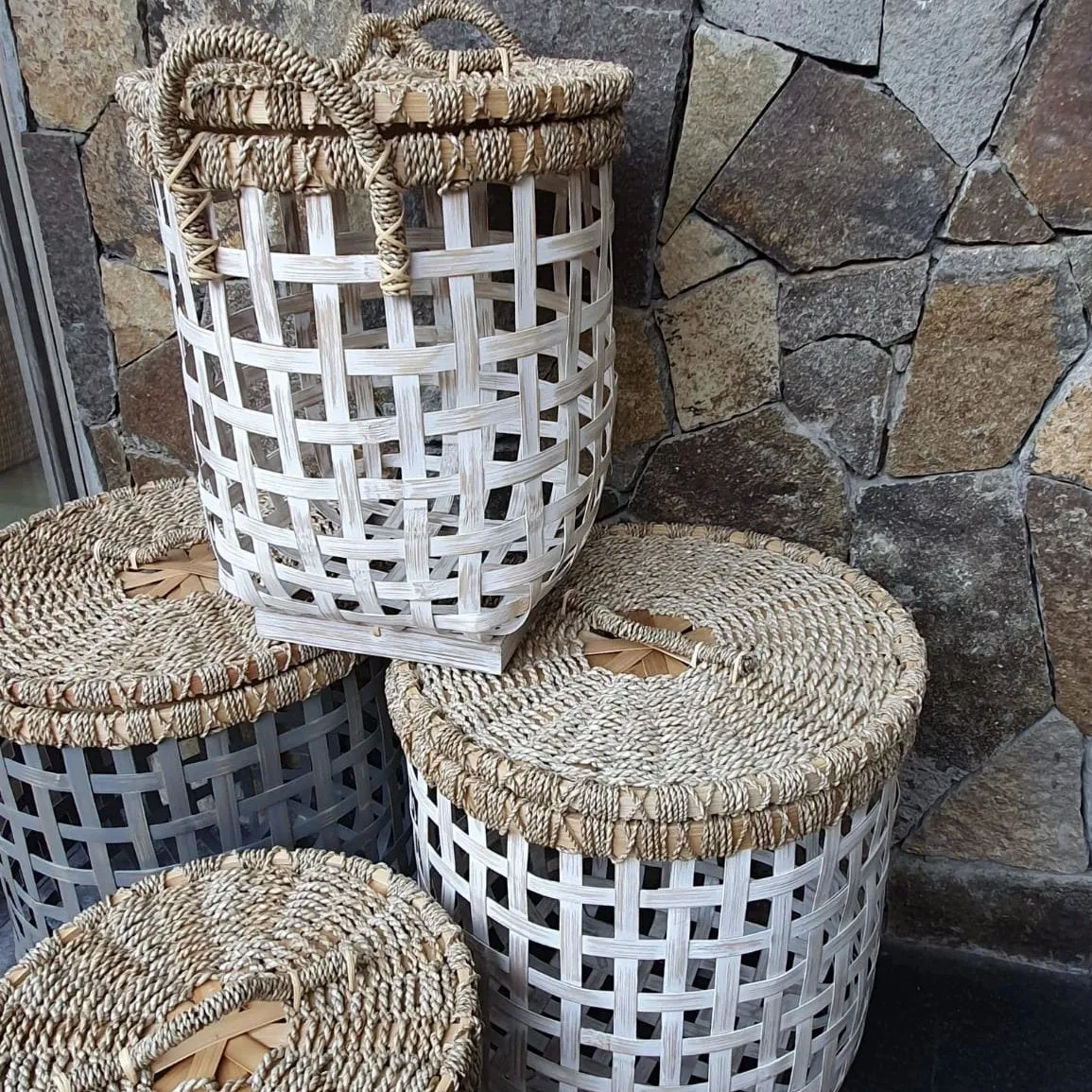 Grey & White Bamboo Laundry Style Baskets With Lid