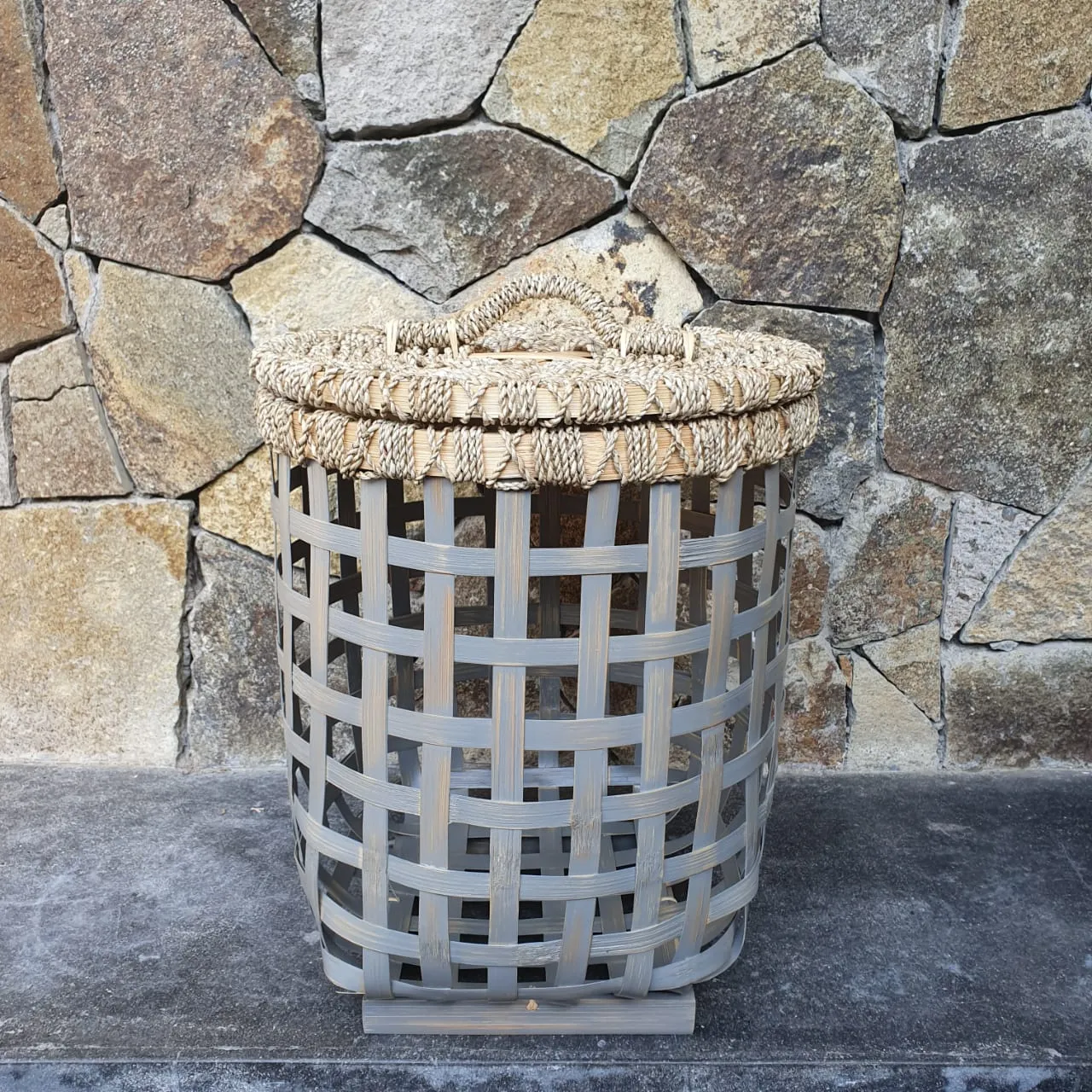 Grey & White Bamboo Laundry Style Baskets With Lid