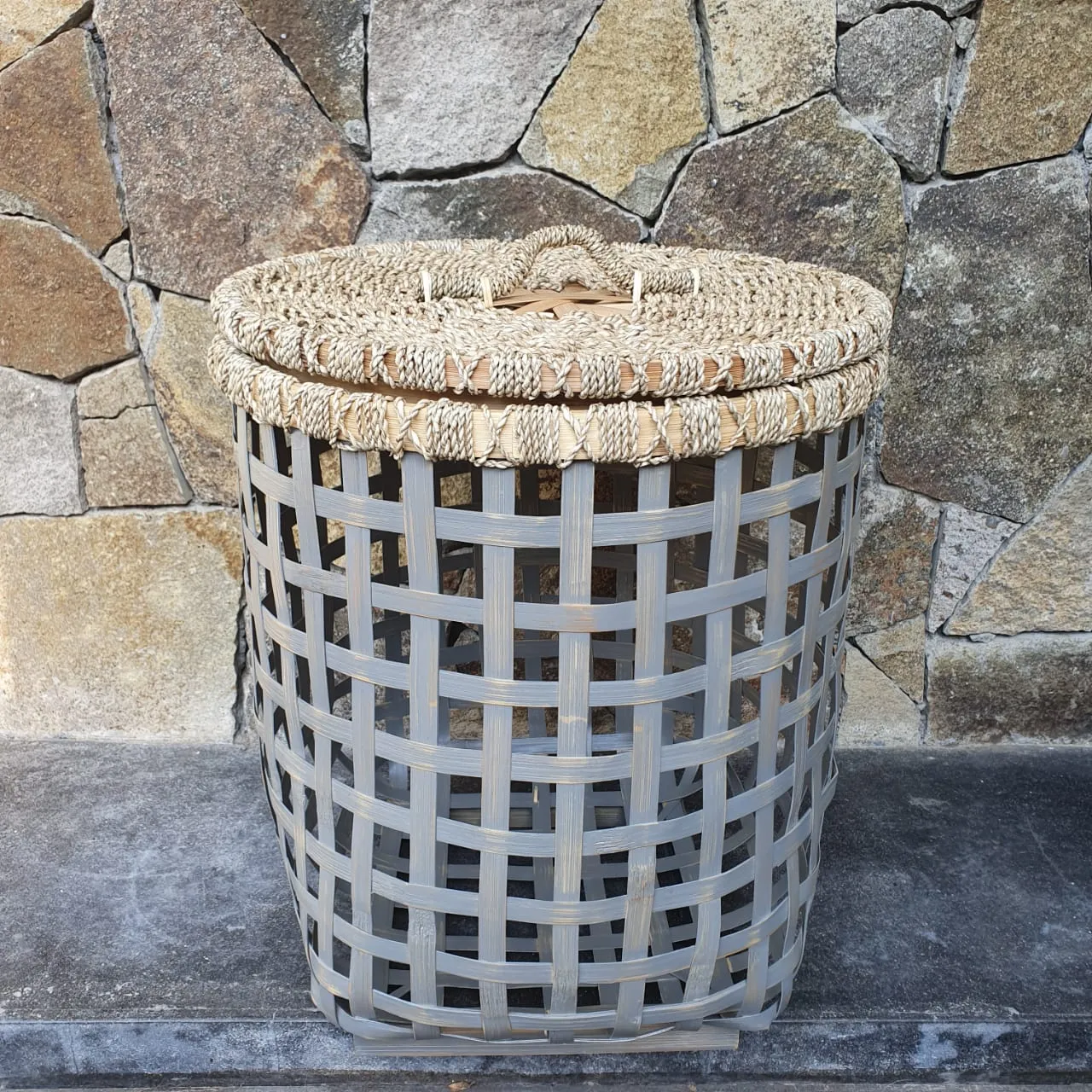 Grey & White Bamboo Laundry Style Baskets With Lid