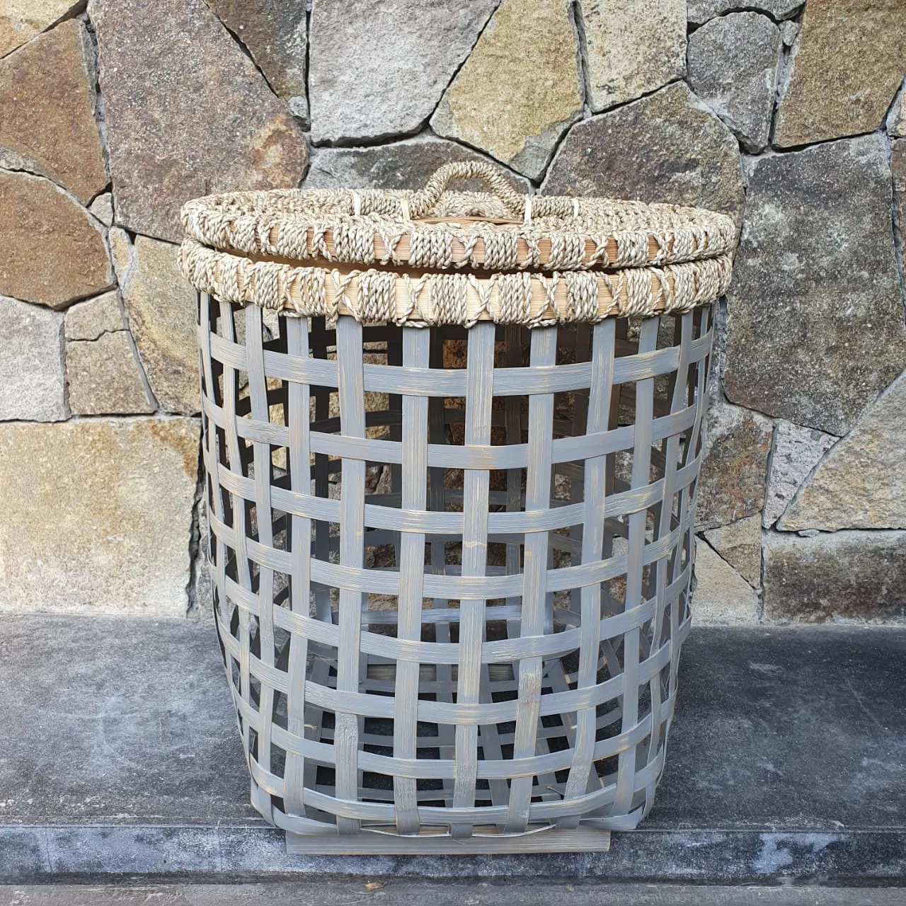 Grey & White Bamboo Laundry Style Baskets With Lid