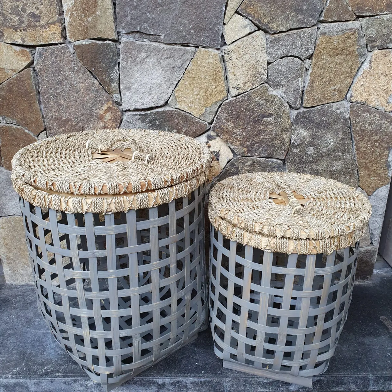 Grey & White Bamboo Laundry Style Baskets With Lid