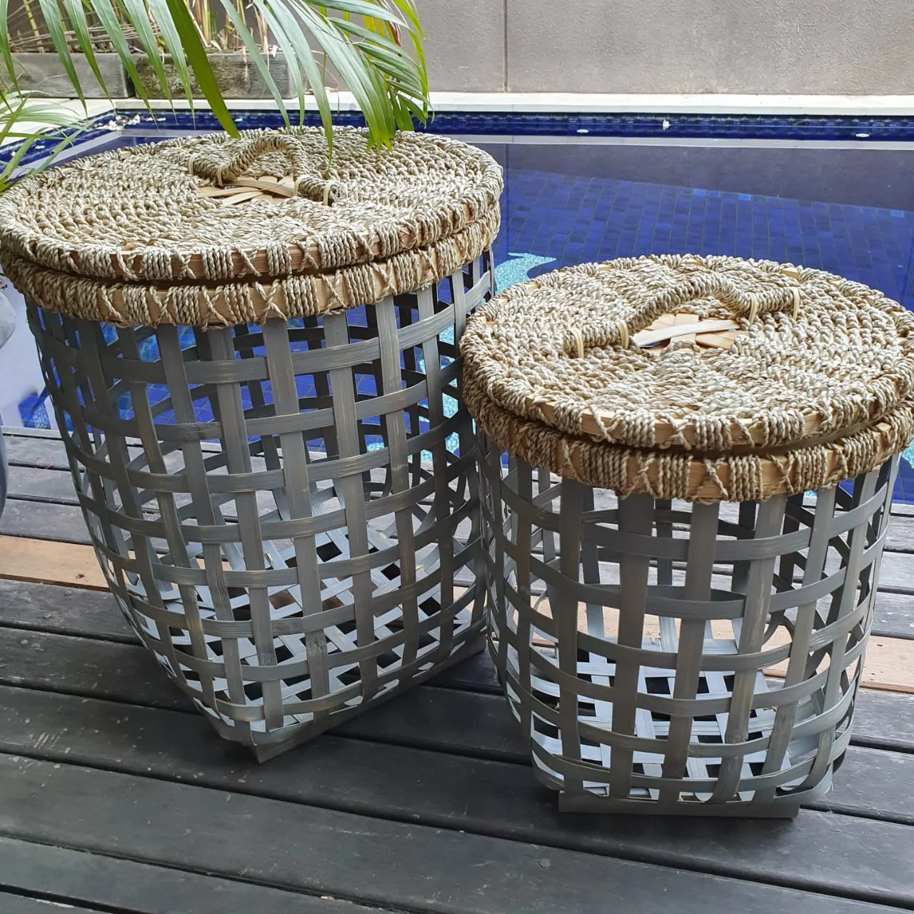 Grey & White Bamboo Laundry Style Baskets With Lid