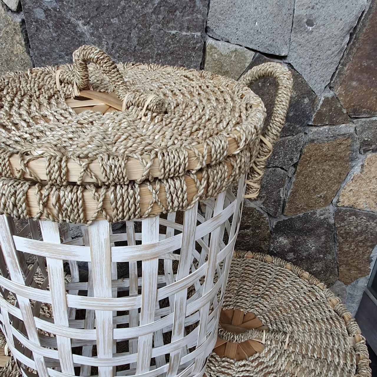 Grey & White Bamboo Laundry Style Baskets With Lid