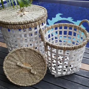 Grey & White Bamboo Laundry Style Baskets With Lid