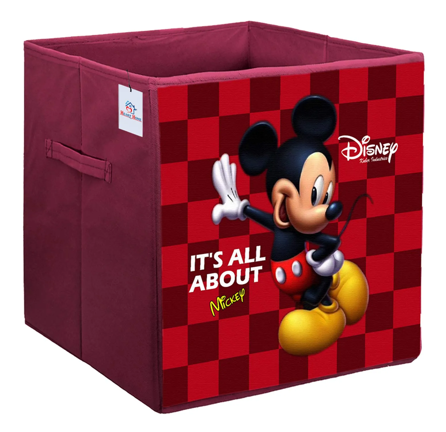 Heart Home Disney Mickey Mouse Print Non Woven Fabric Foldable Large Size Storage Cube Toy, Books, Shoes Storage Box with Handle (Maroon)-HEART10780