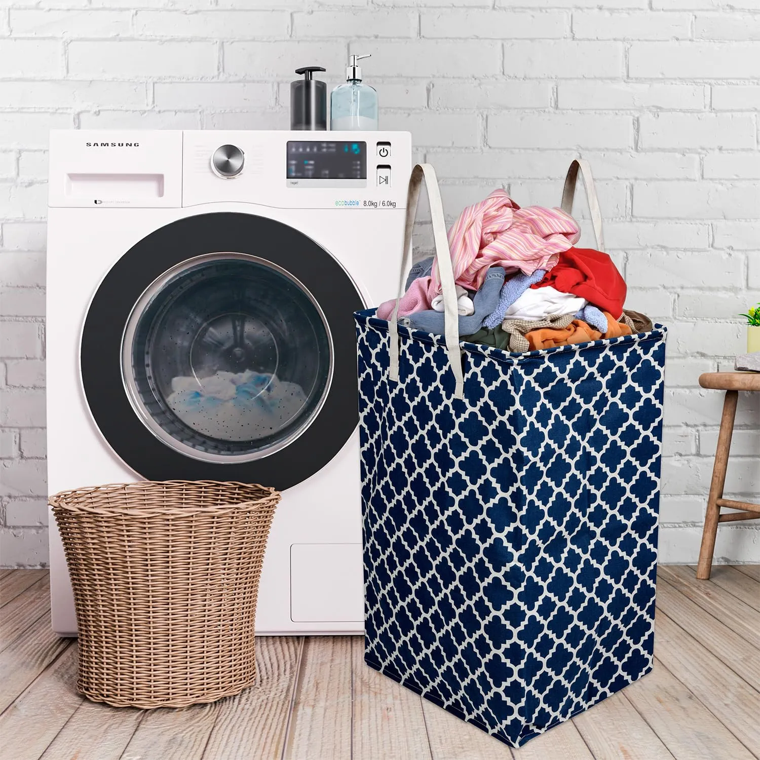 Heart Home Laundry Basket | Star Laundry Basket | Canvas Storage Bag with Handles | Clothes Storage Basket for Home | Toy Storage Basket | 75 LTR | Large | Navy Blue