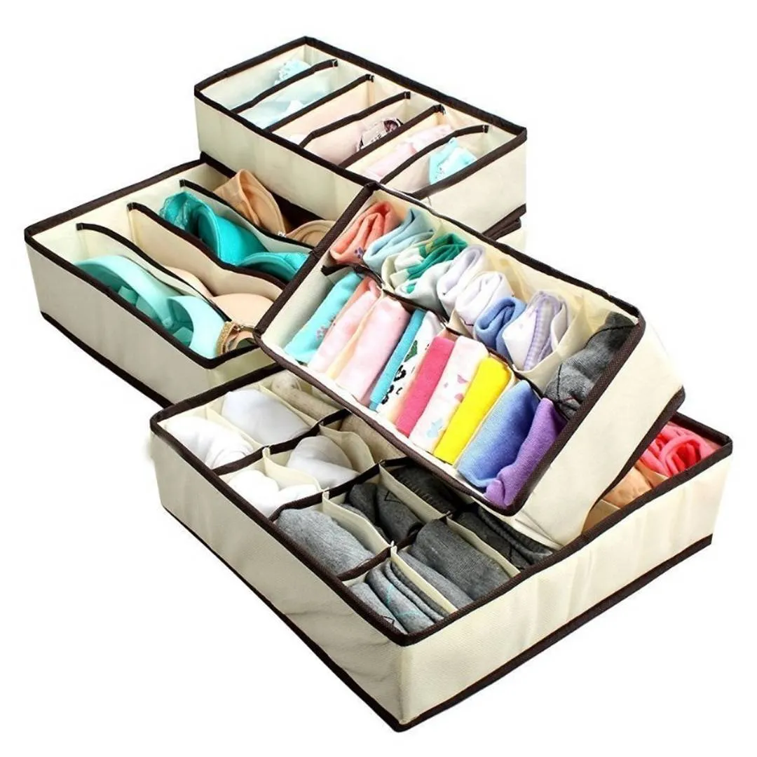 House of Quirk Set of 4 Foldable Storage Box Drawer Divider Organizer Closet Storage for Socks Bra Tie Scarfs - Beige