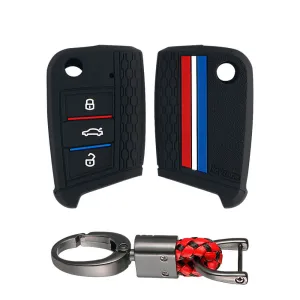 Keyzone striped key cover and keychain fit for : Virtus, Tiguan, T-roc,taigun, New Jetta 3 button flip key (KZS-17, Alloy Keychain)