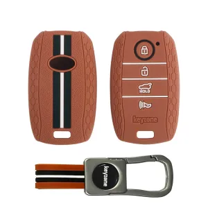 Keyzone striped silicone key cover & metal striped keychain for Kia Seltos 4 Button Smart Key (KZS-10, KZMTKC)