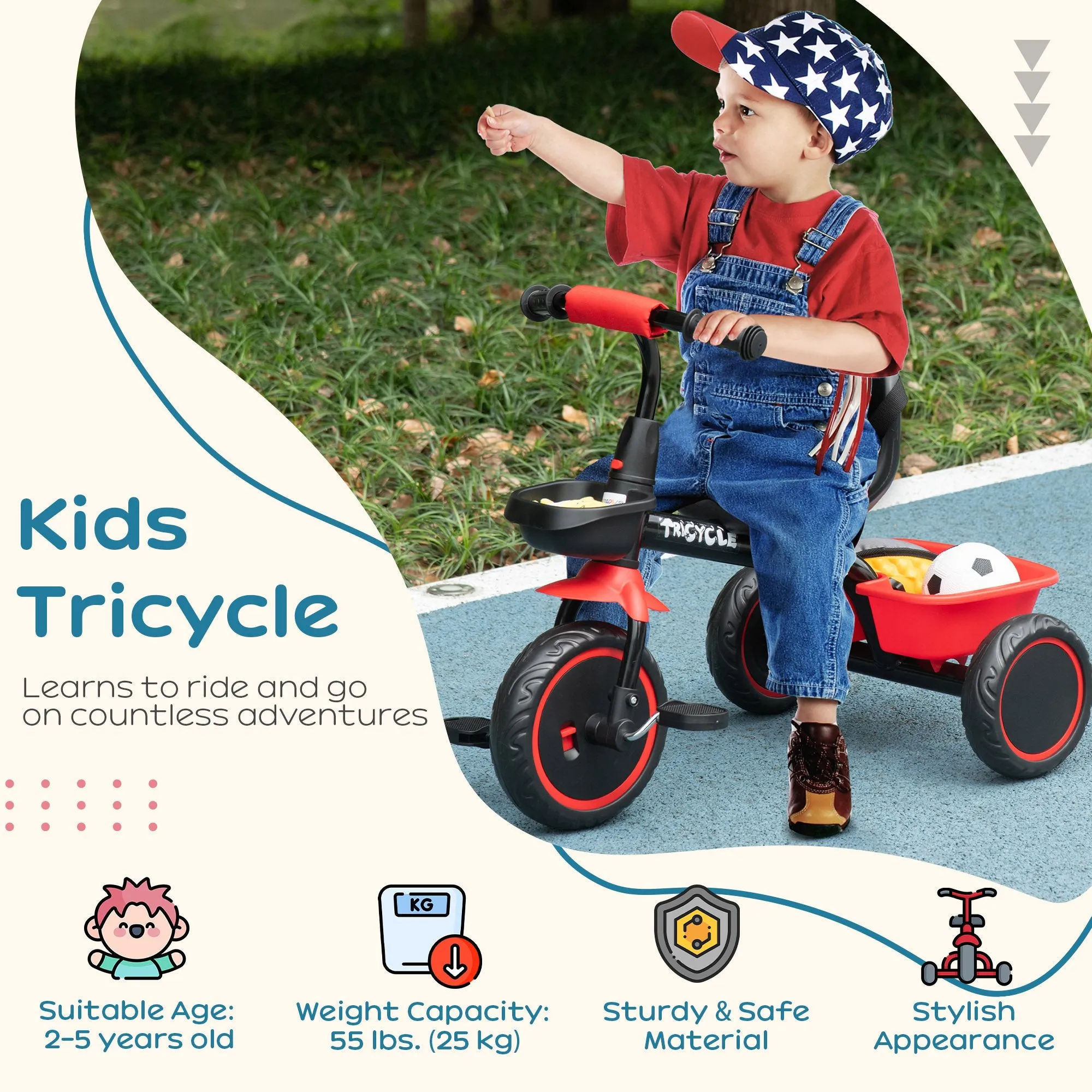 Kids Trike for 2 to 5 Years with Adjustable Seat, Baskets, Red