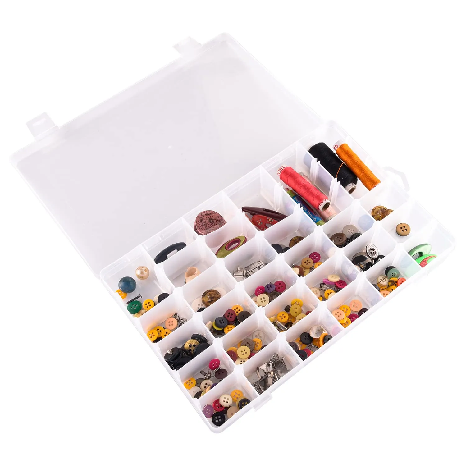 Kuber Industries Beads Storage Box|36 Slots Plastic Adjustable Dividers Storage Organizer for Glitters|Thread Reels|Medicine Pills|Pack of 2 (Transparent)