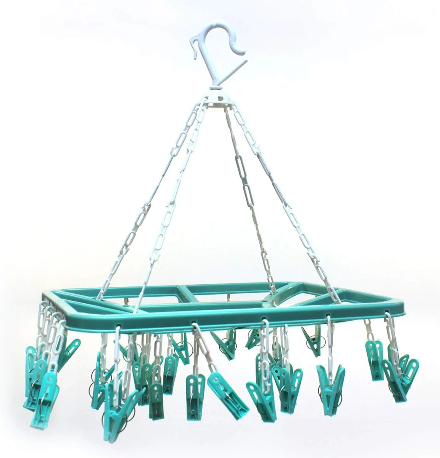 Kuber Industries Cloth Drying Stand Hanger with 32 Clips|Heavy Duty & Strong Plastic Material|Baby Clothes Hanger|Size 40 x 30 x 38CM, Set of 32 Clips (Green)