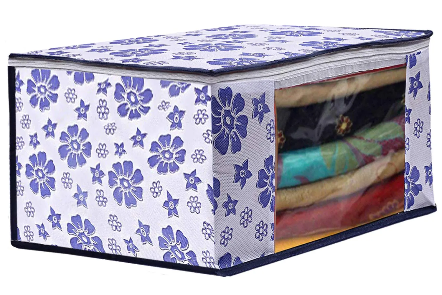 Kuber Industries Flower Design 4 Piece Non Woven Saree Cover and 4 Pieces Underbed Storage Bag, Storage Organiser, Blanket Cover, Pink & Blue (CTKTC042417)