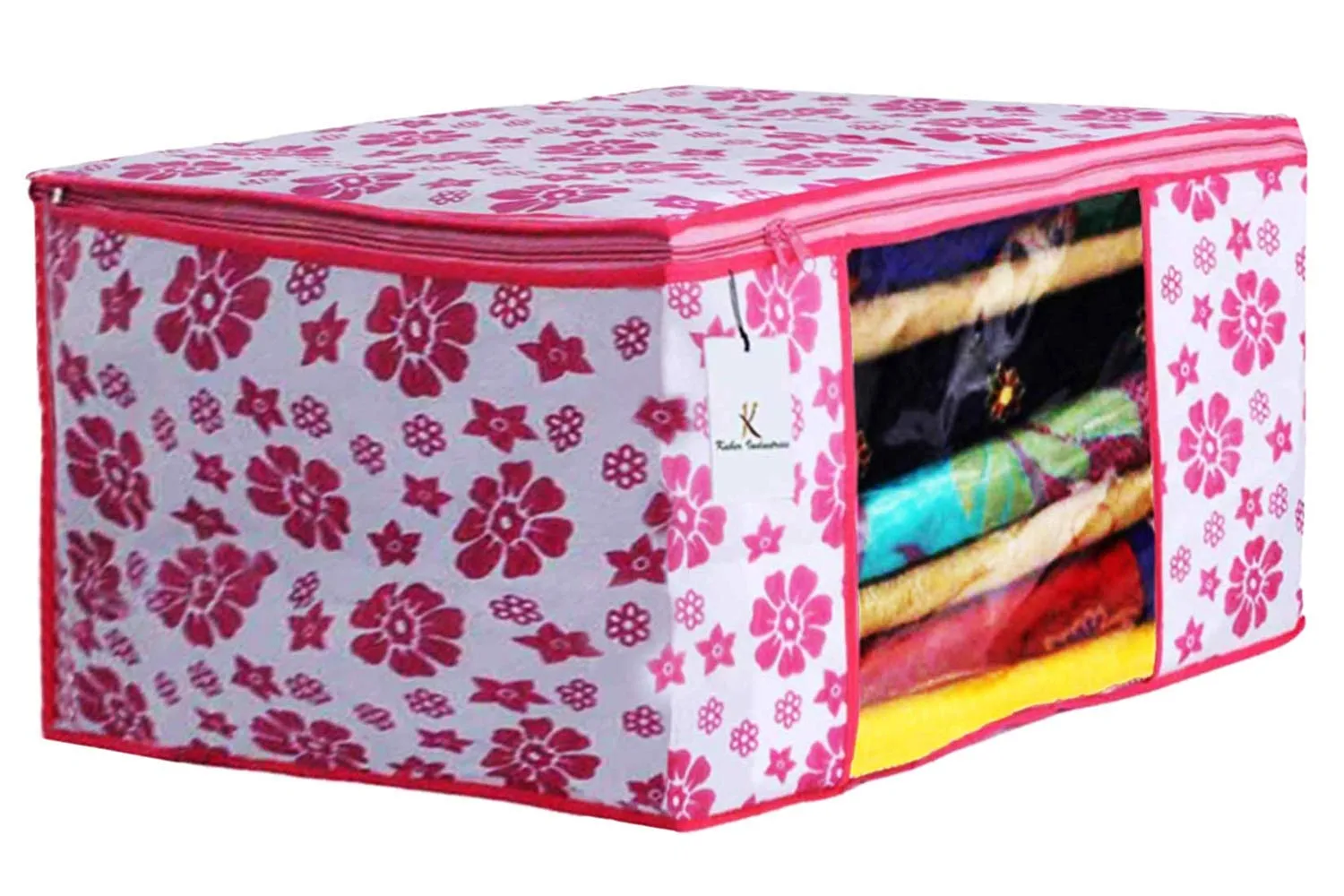 Kuber Industries Flower Design 4 Piece Non Woven Saree Cover and 4 Pieces Underbed Storage Bag, Storage Organiser, Blanket Cover, Pink & Blue (CTKTC042417)