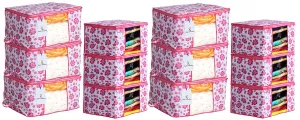 Kuber Industries Flower Printed Non Woven 6 Pieces Saree Cover and 6 Pieces Underbed Storage Bag, Cloth Organizer for Storage, Blanket Cover Combo Set (Pink) -CTKTC38617