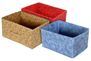 Kuber Industries Laheriya Metalic Print Non Woven Fabric 3-Replacement Drawer Storage And Cloth Organizer Unit for Closet (Blue & Red & Beige)-KUBMART15998