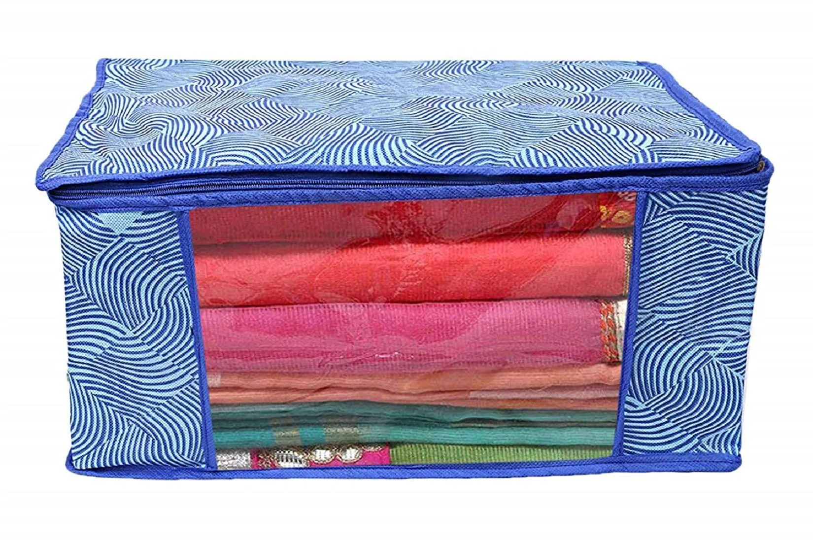 Kuber Industries Laheriya Printed Non Woven 6 Pieces Saree Cover and 6 Pieces Underbed Storage Bag, Cloth Organizer for Storage, Blanket Cover Combo Set (Blue) -CTKTC038690