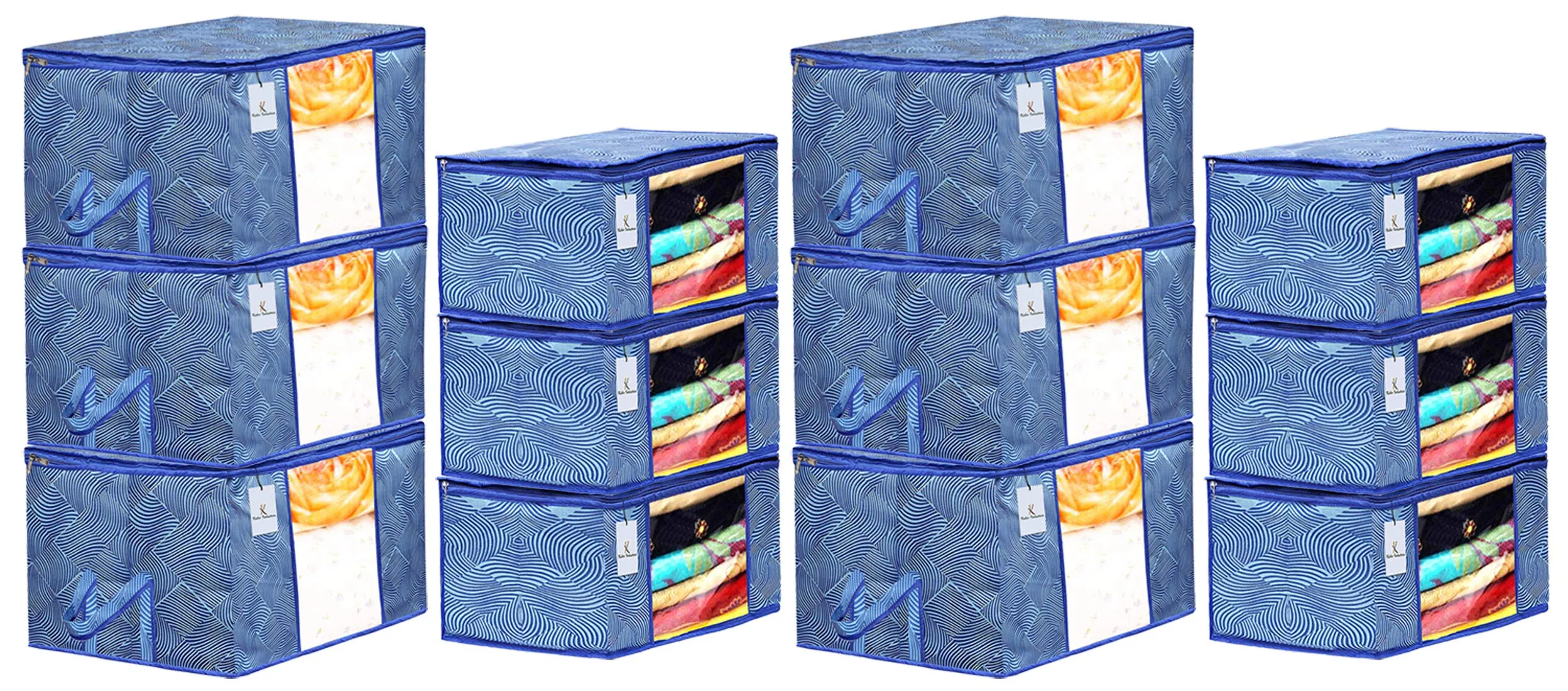 Kuber Industries Laheriya Printed Non Woven 6 Pieces Saree Cover and 6 Pieces Underbed Storage Bag, Cloth Organizer for Storage, Blanket Cover Combo Set (Blue) -CTKTC038690