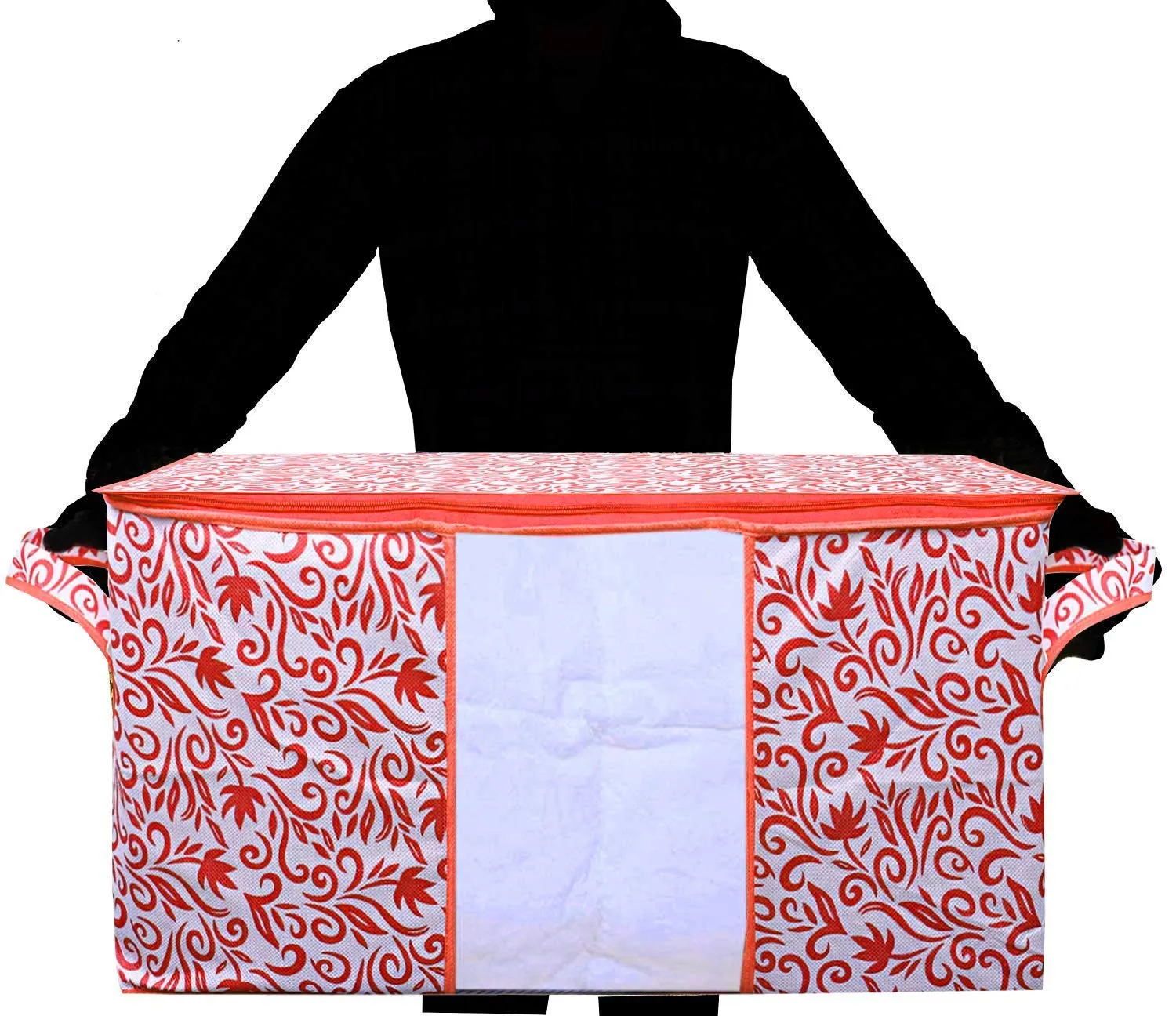 Kuber Industries Leaf Design Non Woven 4 Pieces Saree Cover And 4 Pieces Underbed Storage Bag, Cloth Organizer For Storage, Blanket Cover Combo Set (Red) -CTKTC38674