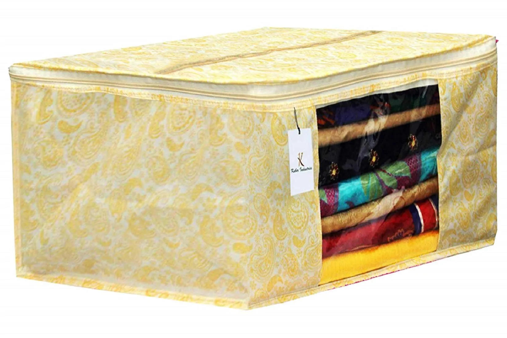 Kuber Industries Metallic Printed Non Woven 2 Pieces Saree Cover and 2 Pieces Underbed Storage Bag, Cloth Organizer for Storage, Blanket Cover Combo Set (Gold) -CTKTC038584