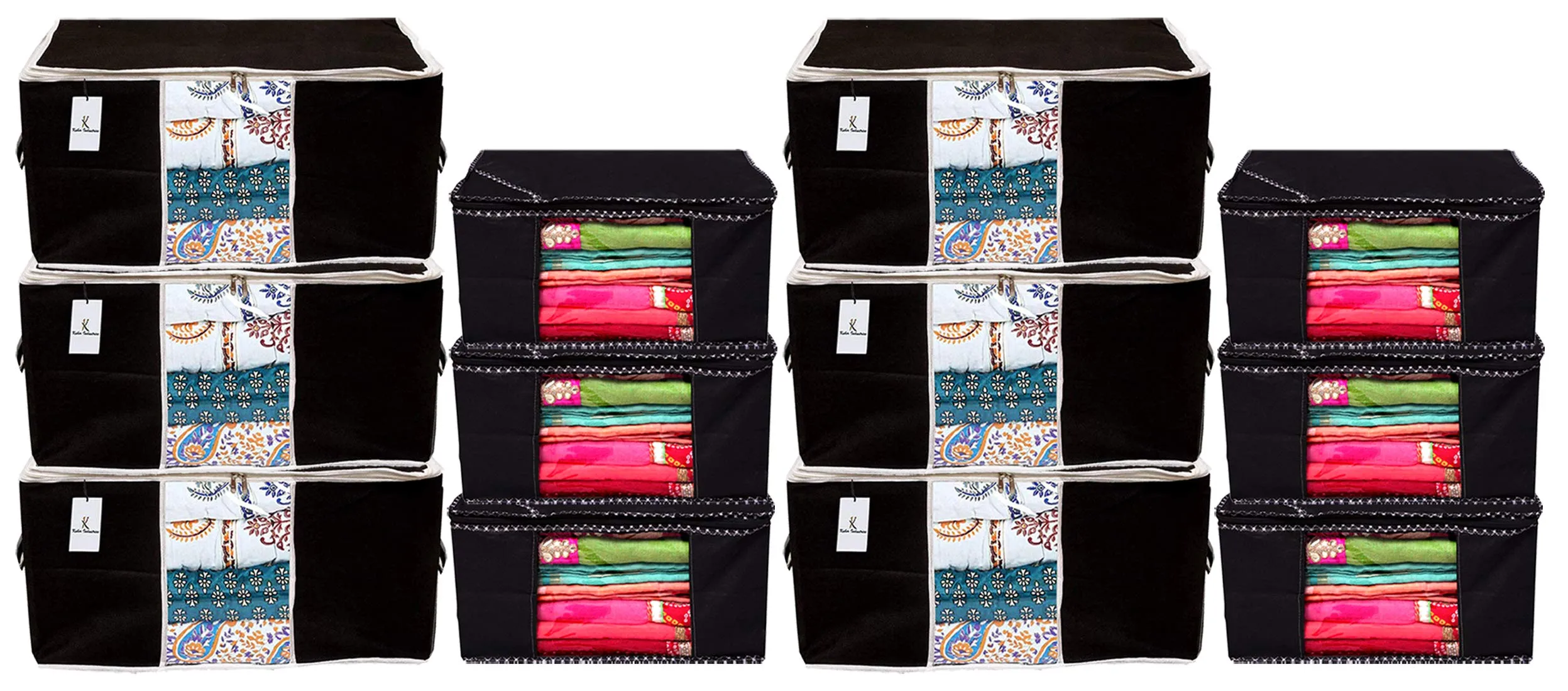 Kuber Industries Non Woven 6 Pieces Saree Cover and 6 Pieces Underbed Storage Bag, Cloth Organizer for Storage, Blanket Cover Combo Set (Black) - CTKTC038474