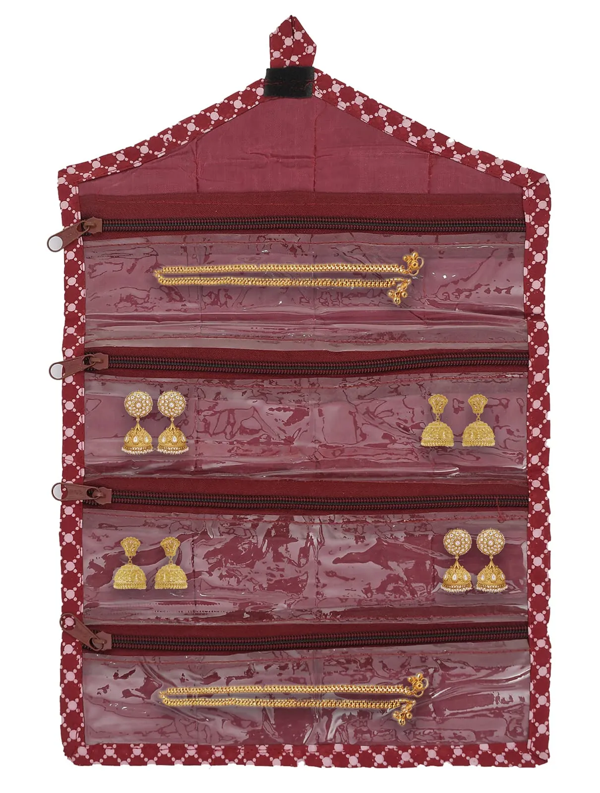 Kuber Industries Parachute Hanging Organizer For Jewellery, Makup Brush, Cosmetic Item, Stationery & Small Accessories With 4 Transprant Zipper Pocket (Maroon)