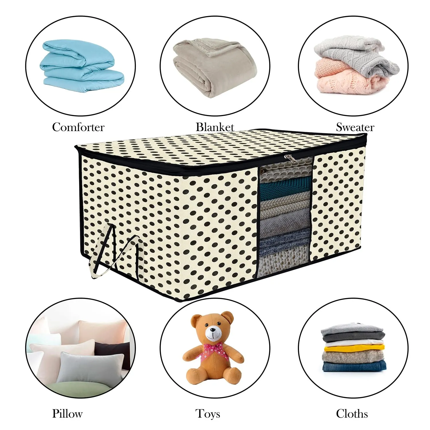 Kuber Industries Underbed Storage Bag | Clothes Storage Organizer | Blanket Cover with Clear Window | Zipper Closure & Handle Cloth Organizer | Dot-Design | Large | Pack of 6 | Cream