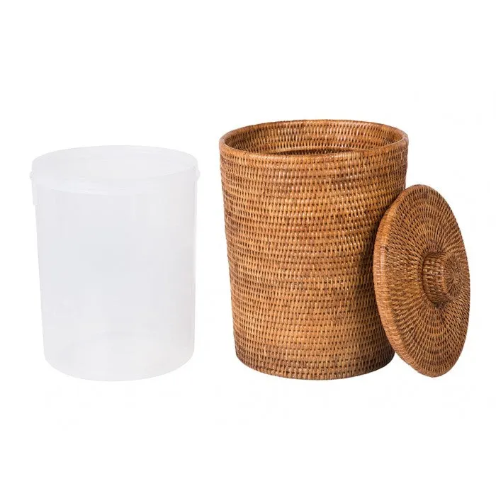 La Jolla Rattan Round Waste Basket with Plastic Insert & Lid, Large