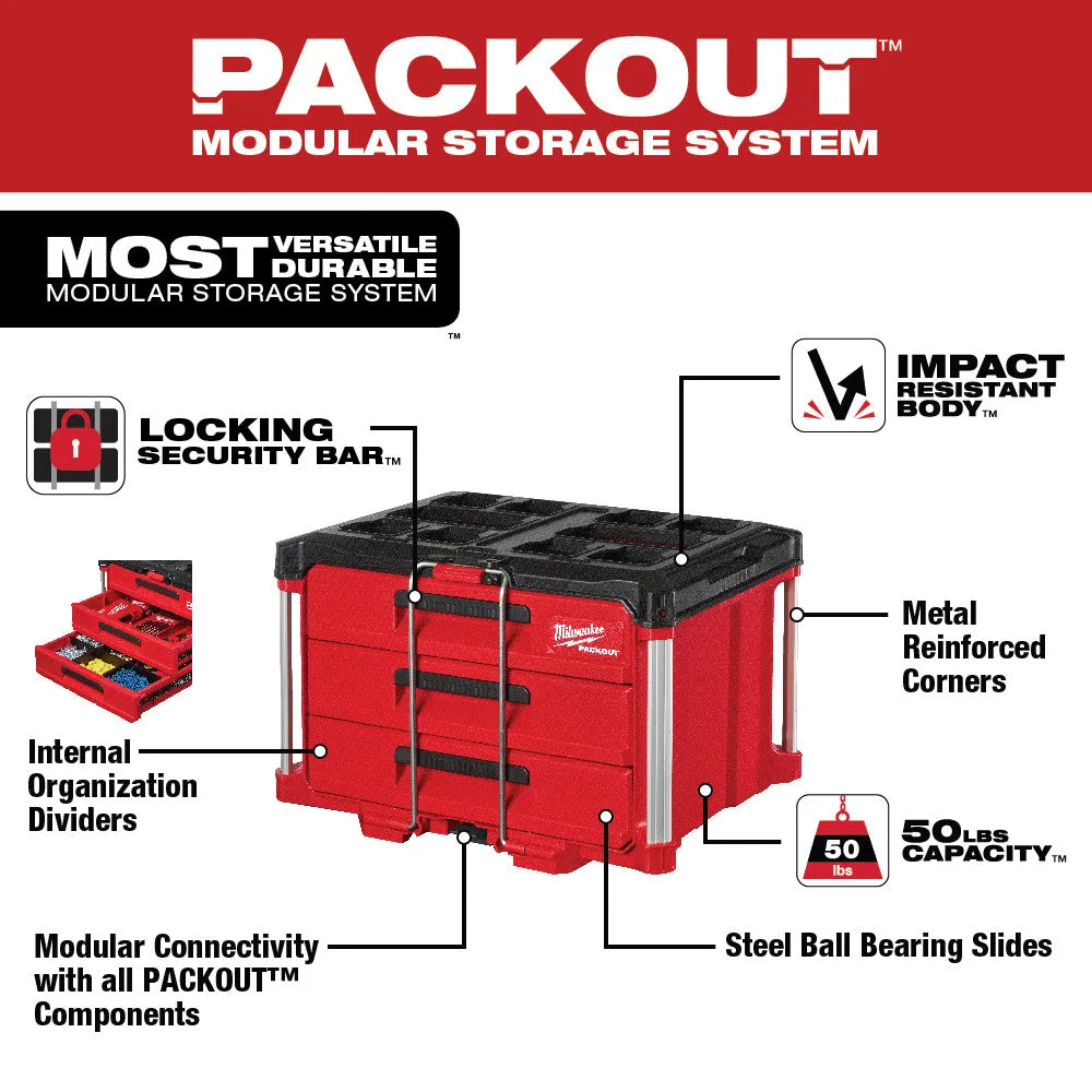 Milwaukee 48-22-8442PO PACKOUT 3 / 2 Drawer Combo Tool Box w/ Work Top / Dolly