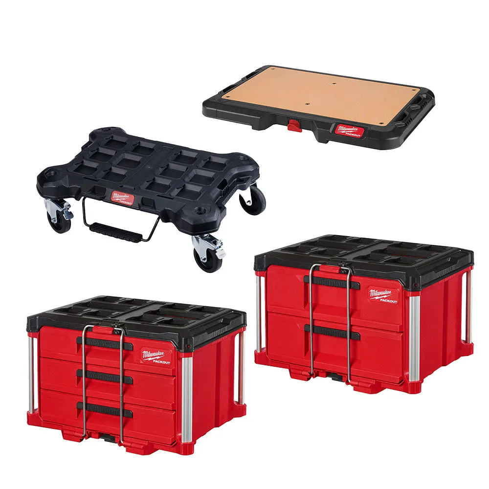 Milwaukee 48-22-8442PO PACKOUT 3 / 2 Drawer Combo Tool Box w/ Work Top / Dolly