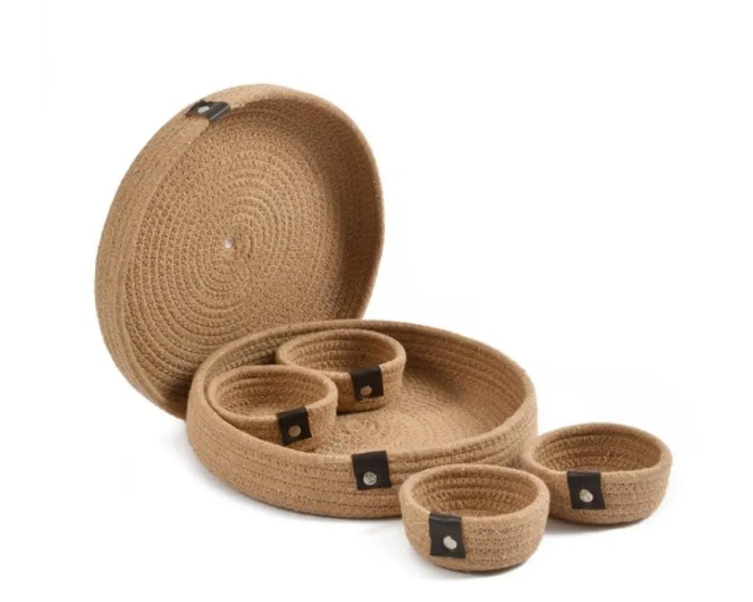 Most Viral Natural Cotton Rope Dryfruit Storage Tray with 4 Bowls Set (Brown Shade)