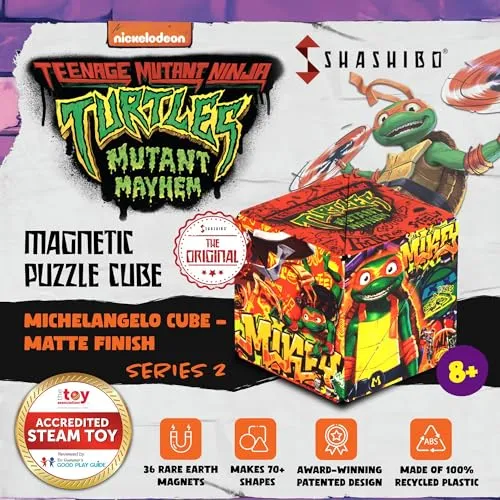 Shashibo Teenage Mutant Ninja Turtles Shape Shifting Box - Award-Winning, Patented Magnetic Puzzle Cube w/36 Rare Earth Magnets -Fidget Cube Transforms Into Over 70 Shapes (Mikey Series 2)