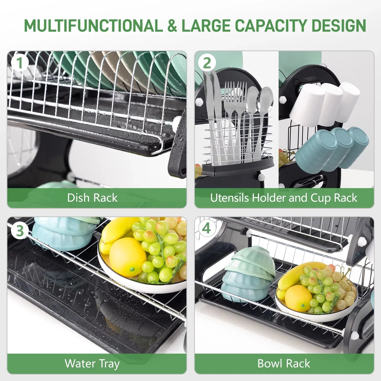 Stainless Steel 2-Tier Dish Drainer Drying Rack with Large Capacity Storage - 22.83" x 11" x 14.57"