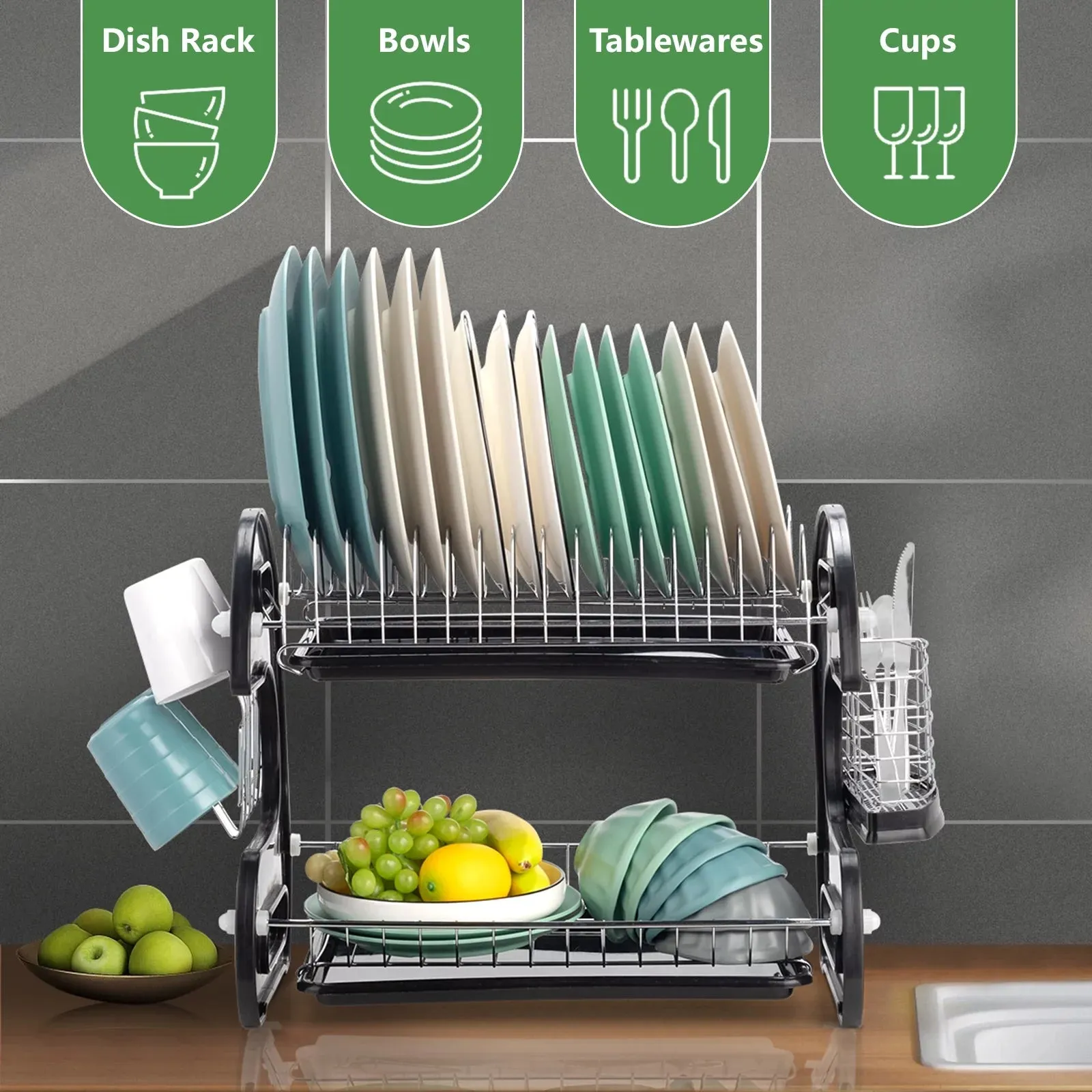 Stainless Steel 2-Tier Dish Drainer Drying Rack with Large Capacity Storage - 22.83" x 11" x 14.57"