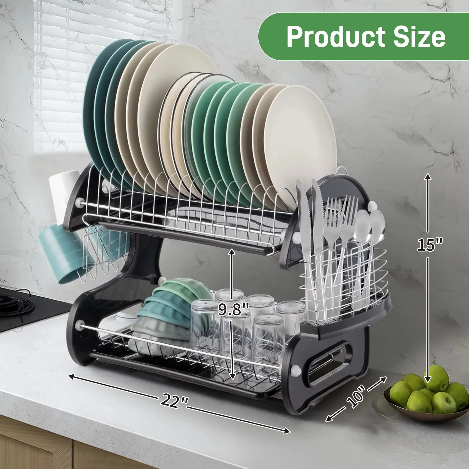 Stainless Steel 2-Tier Dish Drainer Drying Rack with Large Capacity Storage - 22.83" x 11" x 14.57"