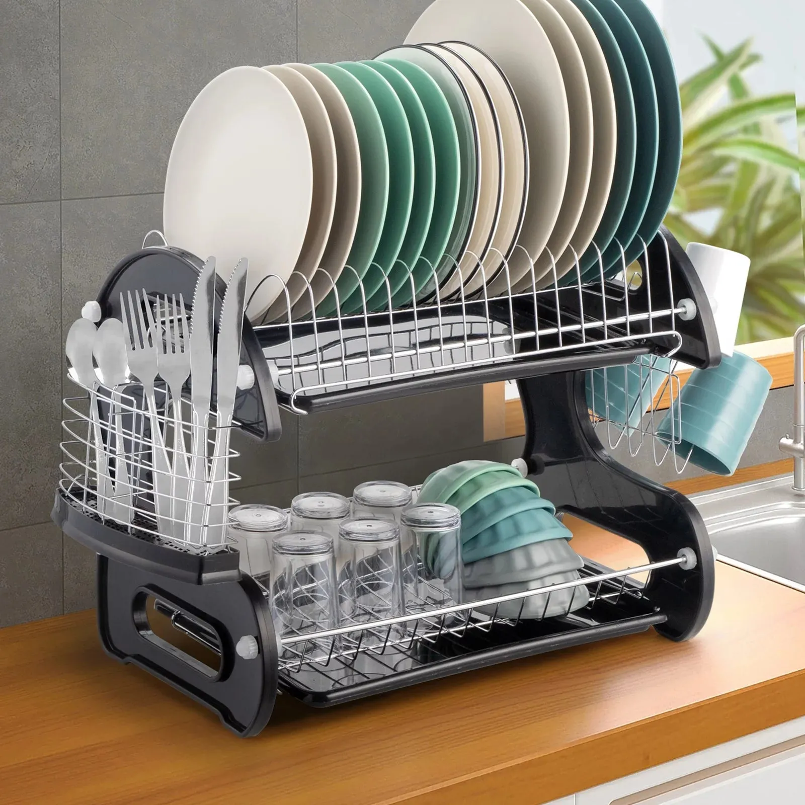 Stainless Steel 2-Tier Dish Drainer Drying Rack with Large Capacity Storage - 22.83" x 11" x 14.57"