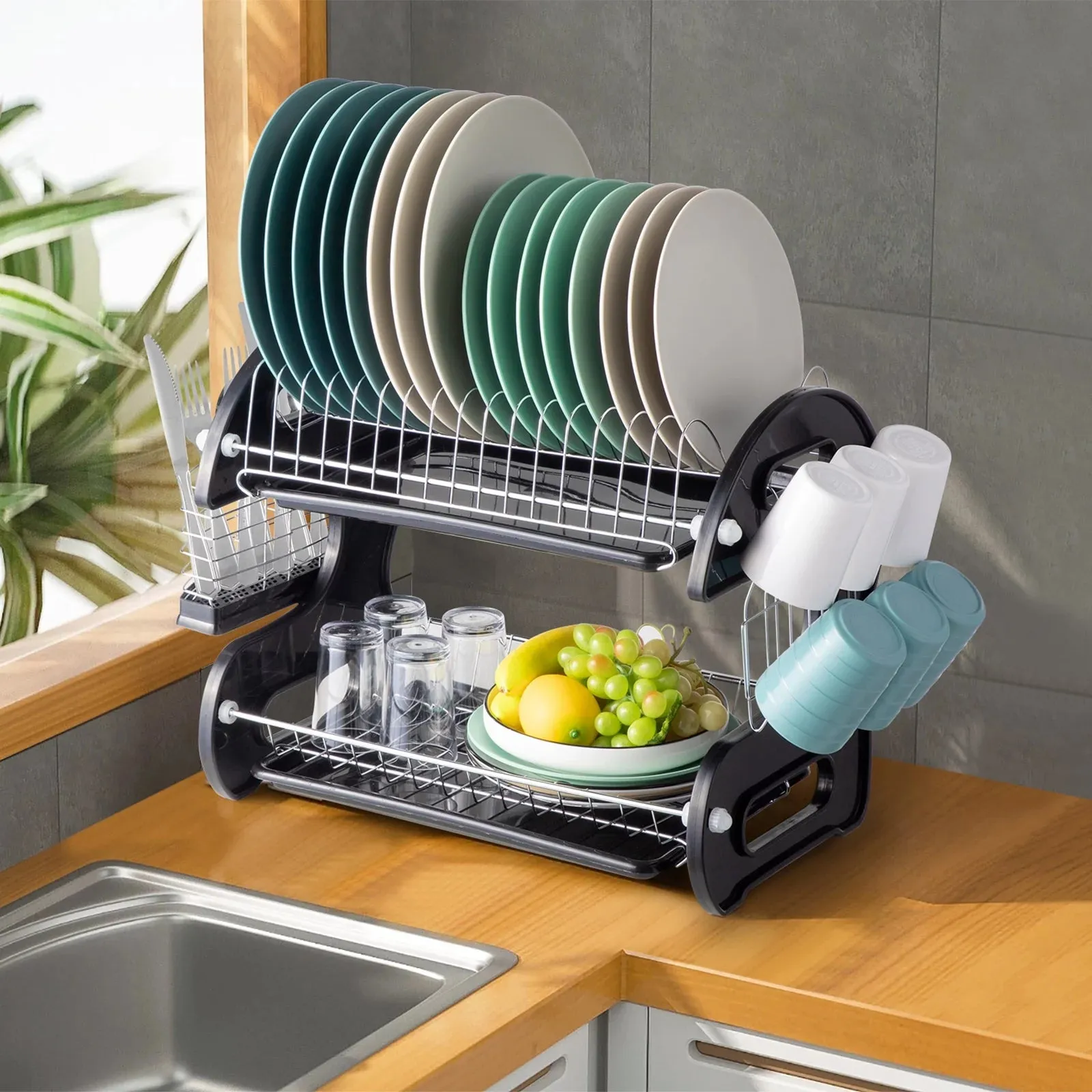 Stainless Steel 2-Tier Dish Drainer Drying Rack with Large Capacity Storage - 22.83" x 11" x 14.57"