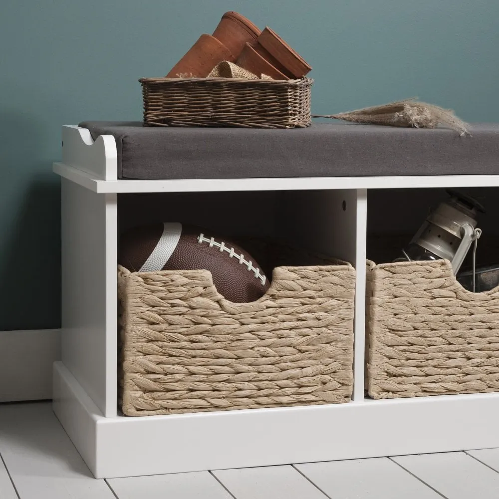 Stockholm Storage Bench with 2 Brown Baskets in Classic White