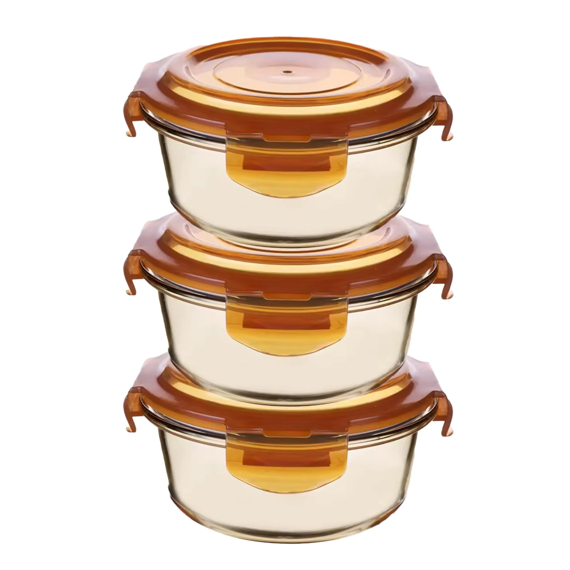 UMAI Pack of 3 Borosilicate Glass Kitchen Containers Set with Airvent Pp Lid | Airtight Round Fridge Storage Boxes for Grains, Pulses, Spices, Snacks | 580ml Each | Amber