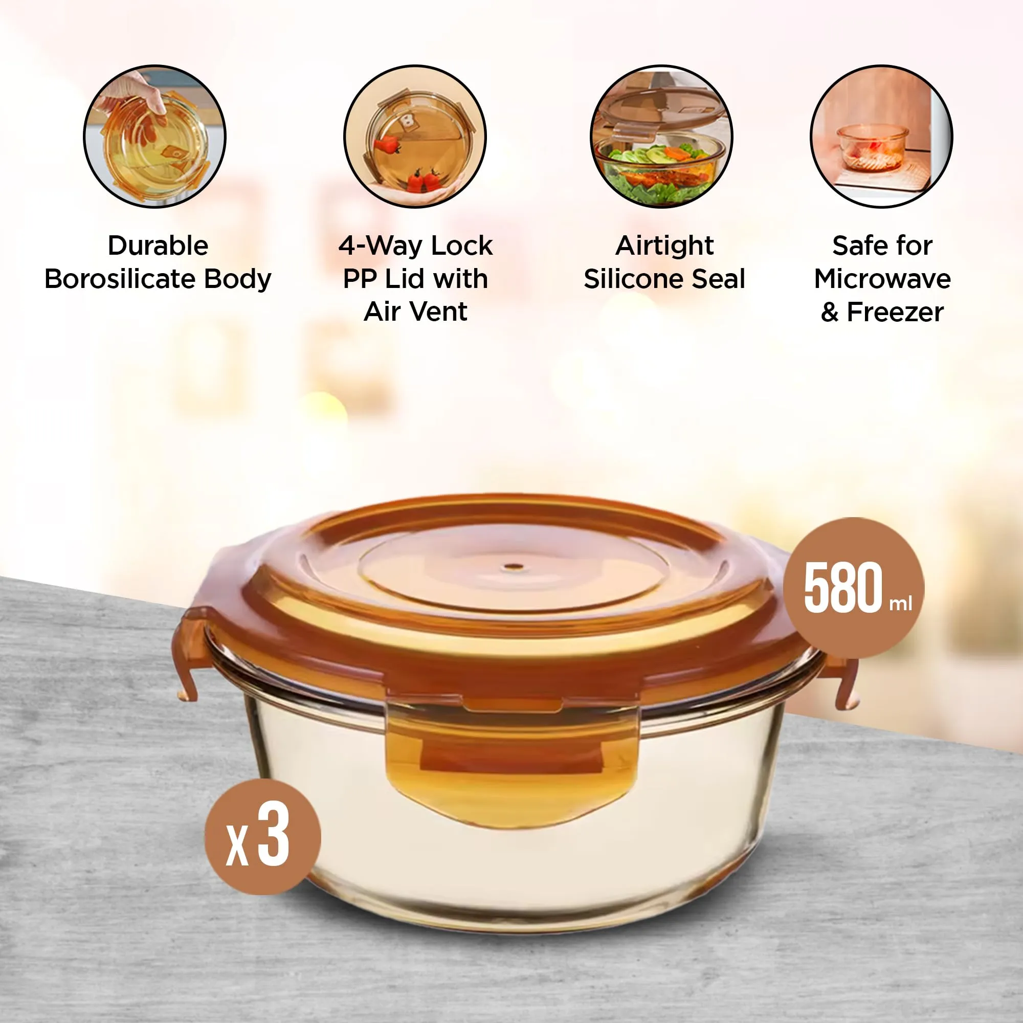 UMAI Pack of 3 Borosilicate Glass Kitchen Containers Set with Airvent Pp Lid | Airtight Round Fridge Storage Boxes for Grains, Pulses, Spices, Snacks | 580ml Each | Amber