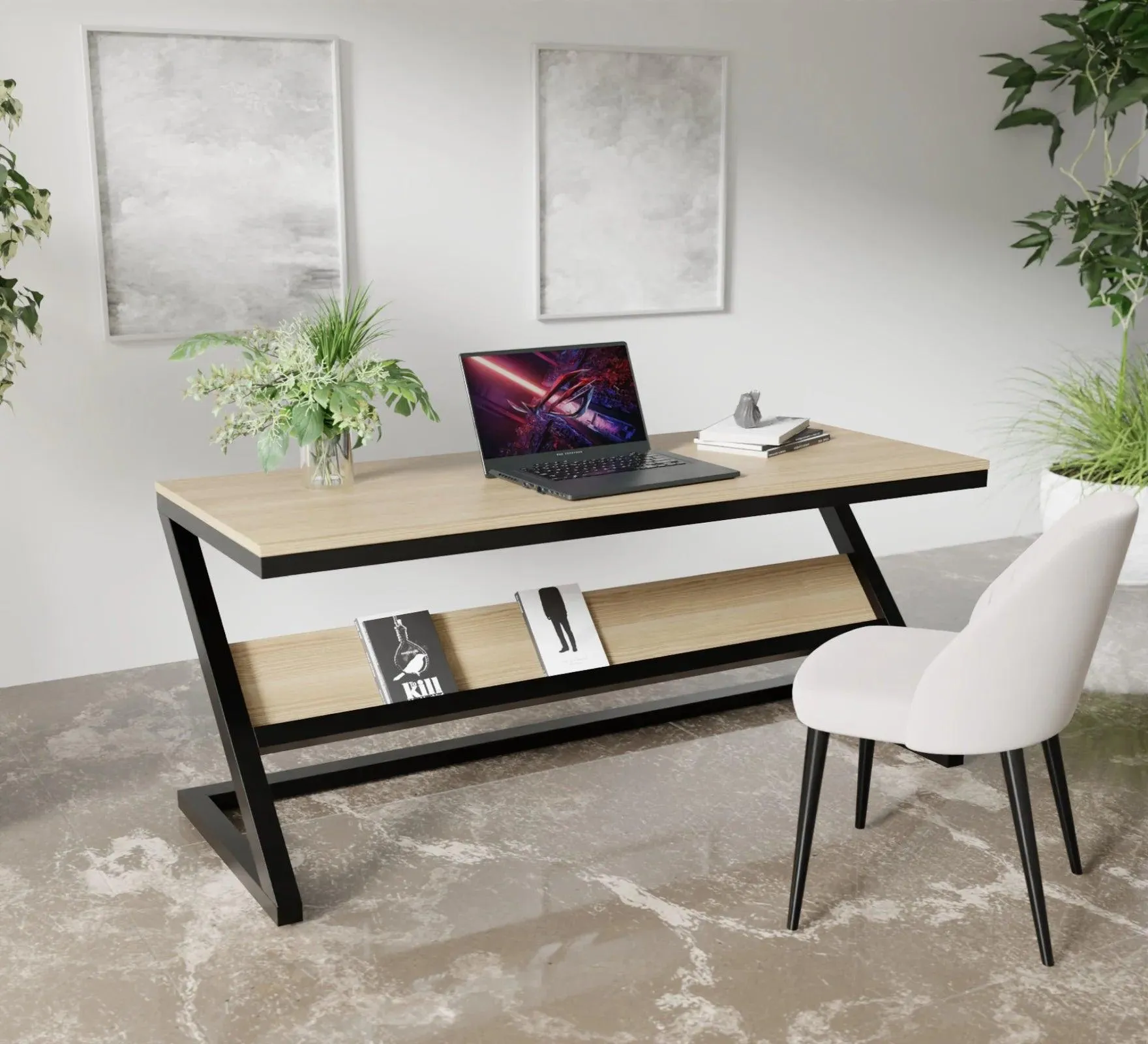 Wooden Twist Z-Shaped Executive Study Desk Table laminated Top with Steel Base