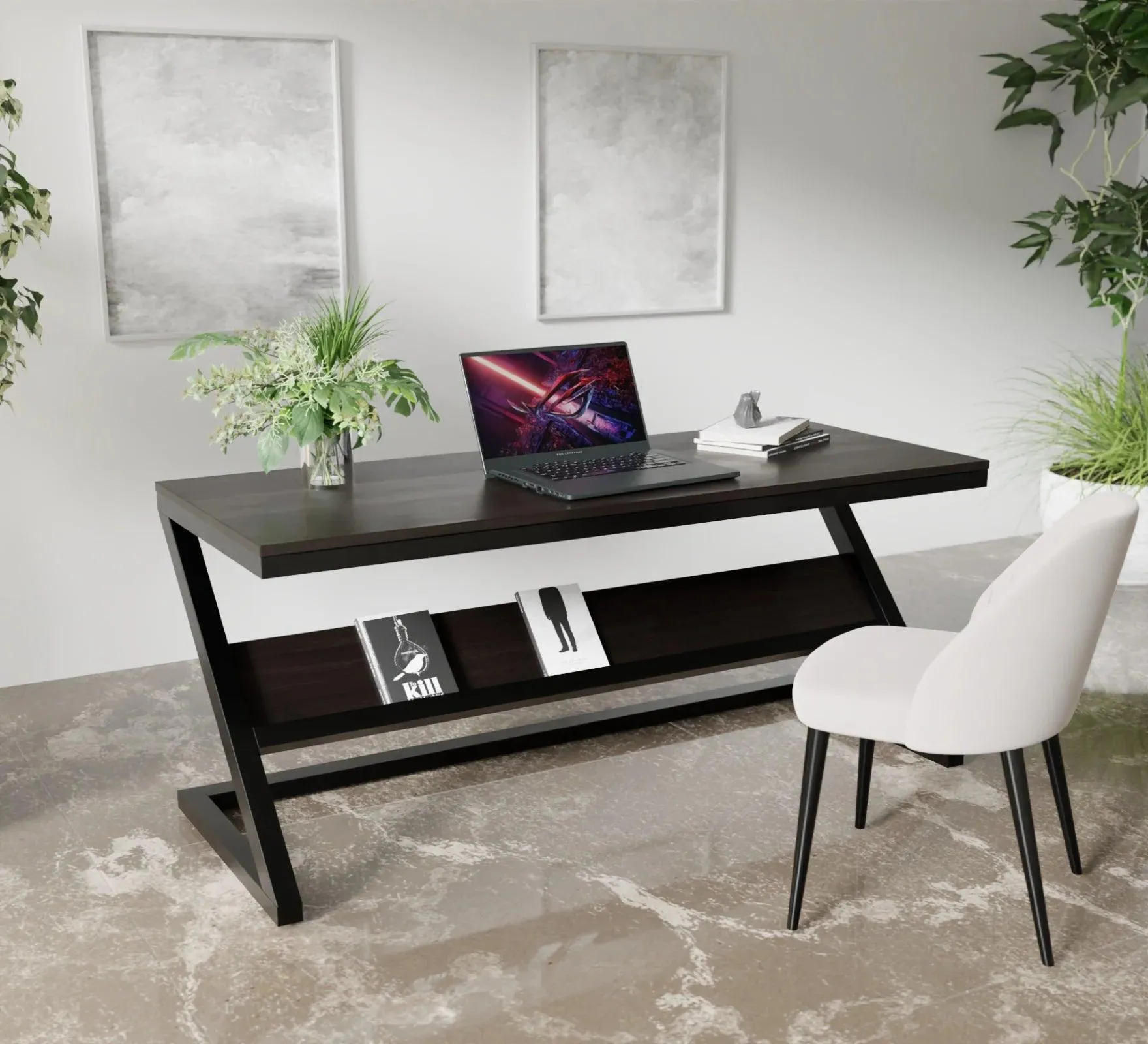 Wooden Twist Z-Shaped Executive Study Desk Table laminated Top with Steel Base